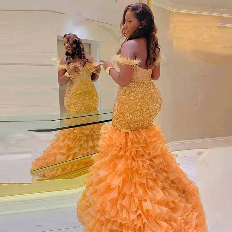 Party Dresses Gold Off The Shoulder Mermaid Prom Tiered Ruffles Sweep Train Aso Ebi Arabic Evening Gowns Women Formal Dress Robe