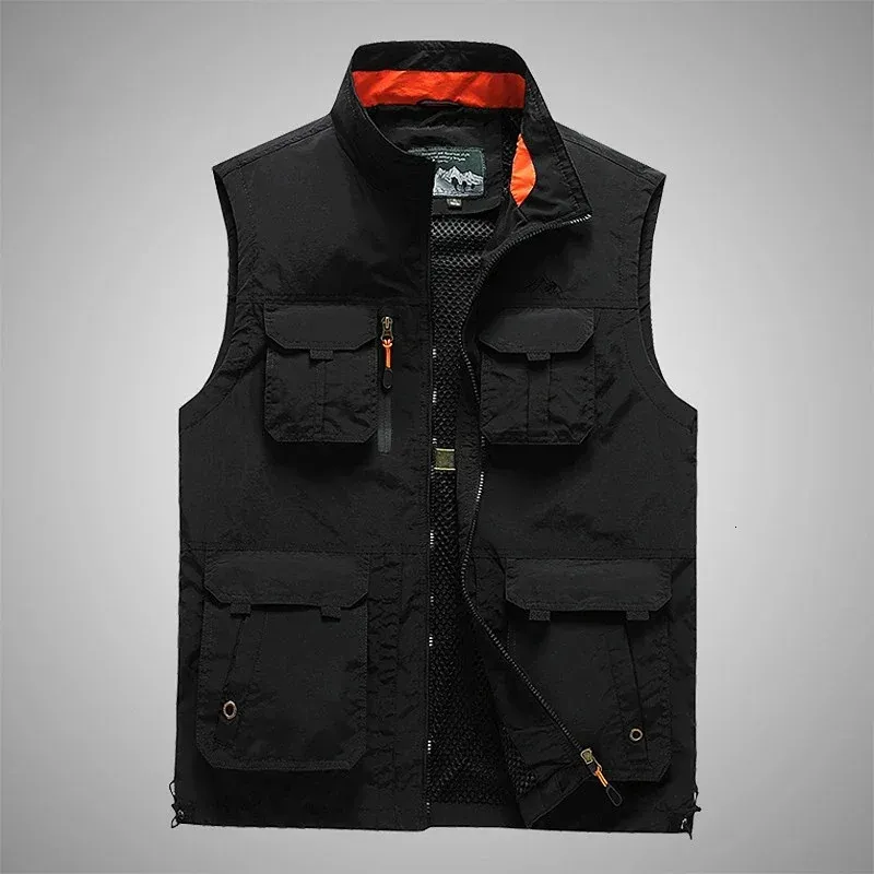 Utomhus fritid Mens Vest Pography Fishing Hunting Vest Multi-Pocket Stand-Up Collar Solid Color Zipper Tactics Top Colete 240408