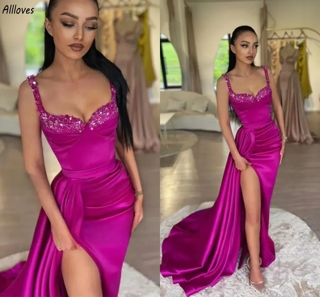 Aso Ebi Fuchsia Satin Mermaid Prom Dresses pailletten kralen spaghetti riemen formele feestjurken sexy dij split peplum vrouwen tweede receptie avondjurk cl3478