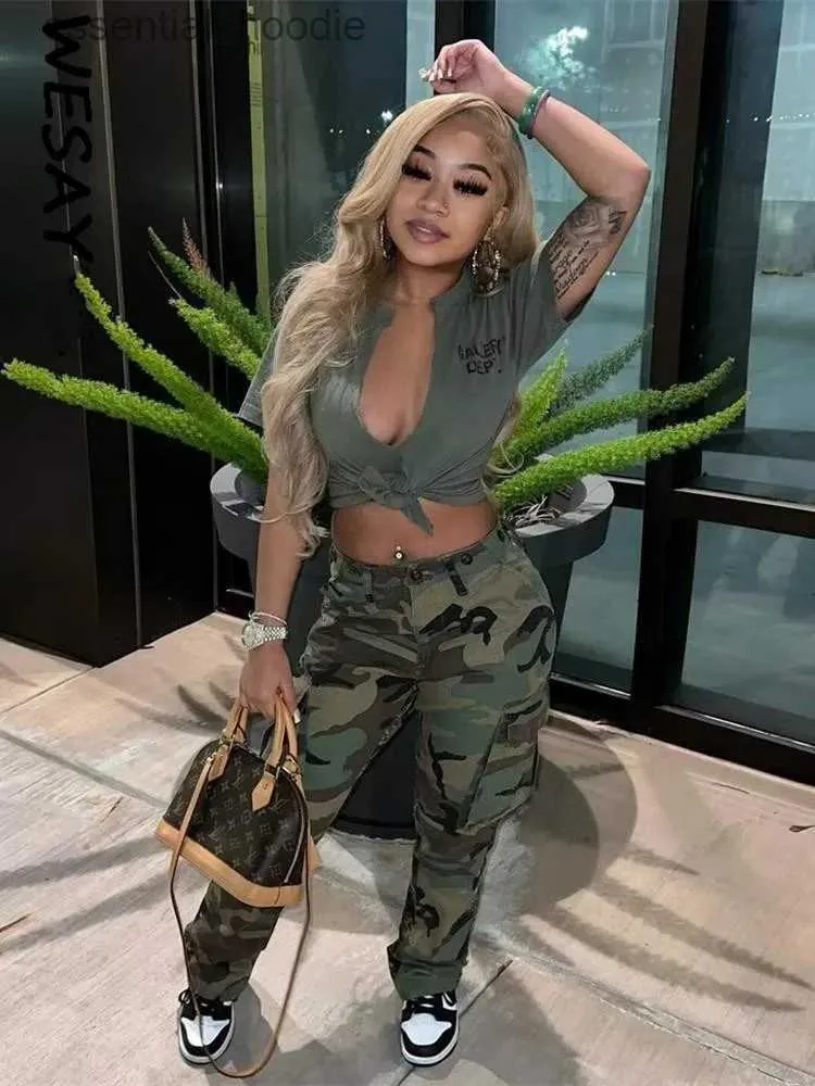 Women's Pants Capris WESAYNB y2k Womens clothing parachute cargo pants 2022 green casual printed camouflage Trousers pocket straight pants C240411