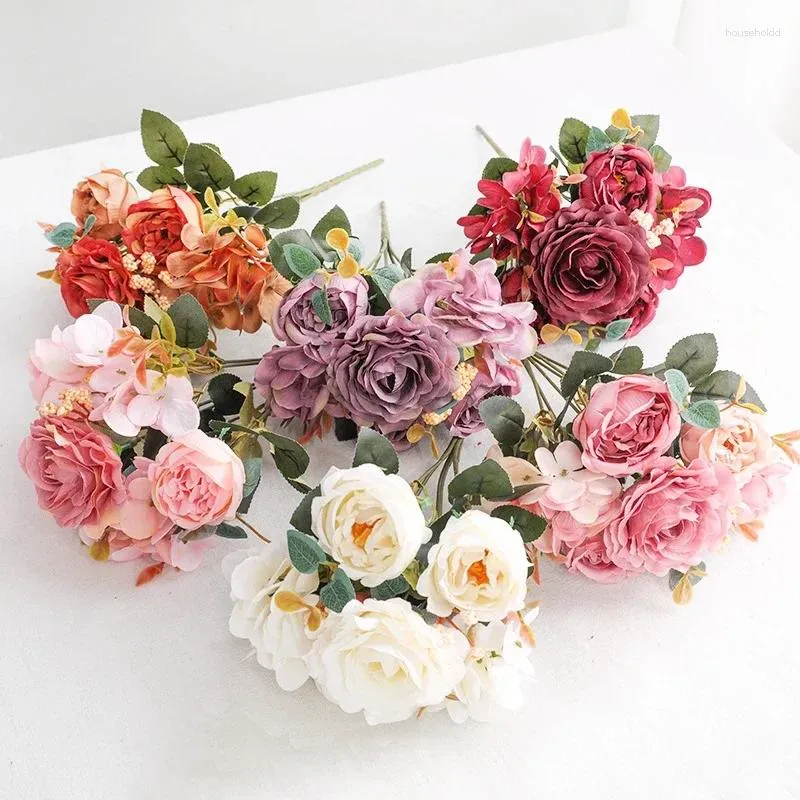 Decoratieve bloemen kunstmatige retro zijden roos boeket hyangea pioen vintage bruid houd nep planten huis bruiloft decoratie accessoires