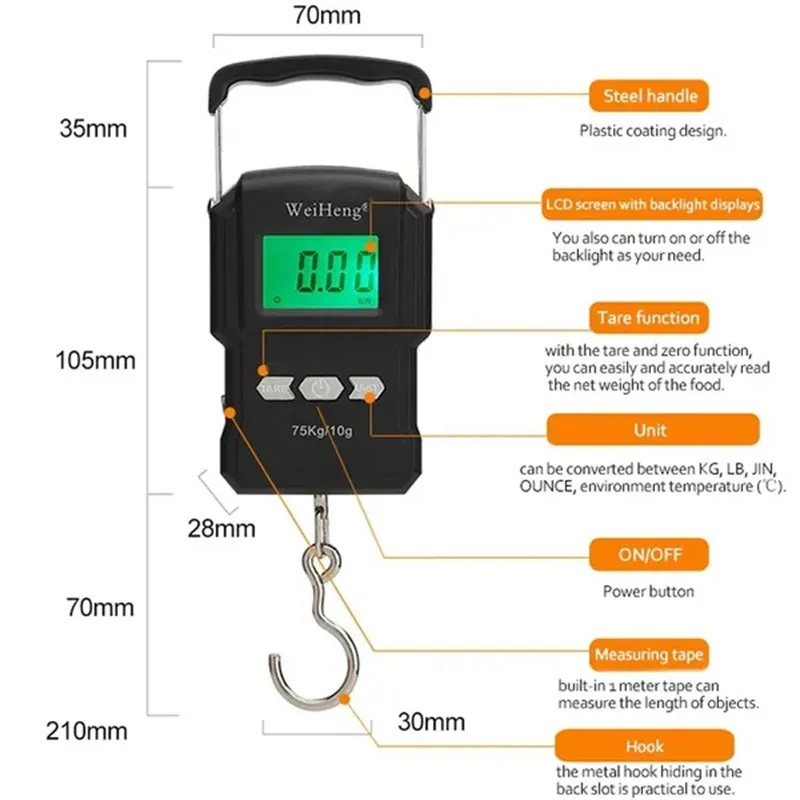 75 kg/10g elektronisk vägningsskala 50 kg/5G LCD Digital display hängande krokskala med mättejp för fiske resor