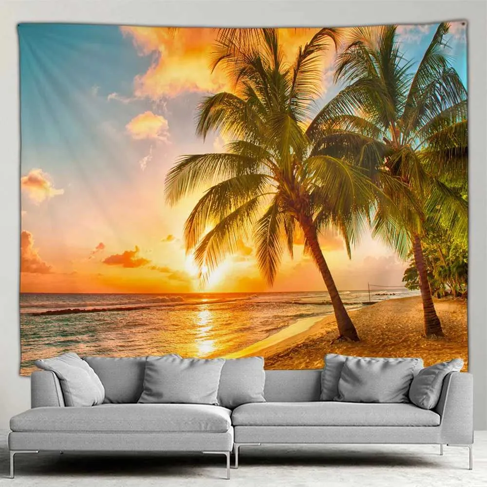 Arbres coucher de soleil tapisseries crépue de plage palmier paysage tapisserie mur art décoration fond de tissu rideau de plage serviette de plage décoration intérieure r0411