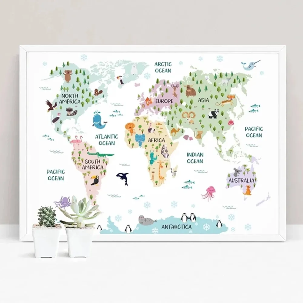 Animal Nursery Wallpaper, World Map Painting: Pastel Canvas Art Prints ...