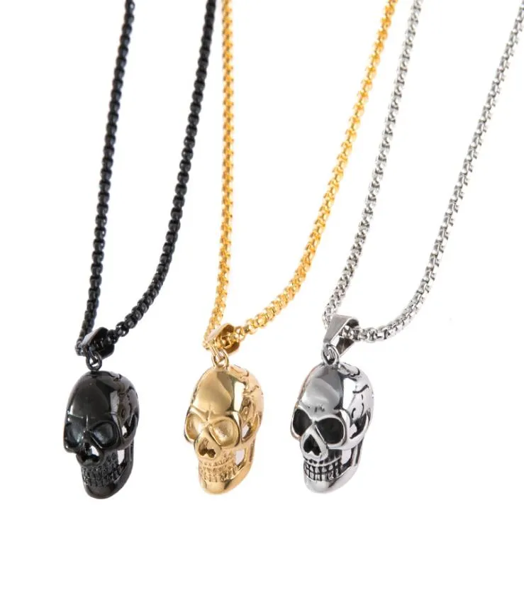 Fashion Punk Goth Stainless Steel Necklace Skull Head Pendant For Men Accessories Gothic Jewelry With 3MM Chain7812886