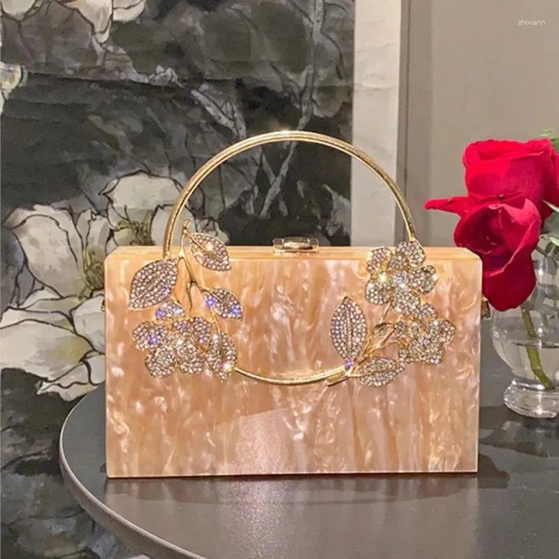 Draw String Women Acryl Abendbeutel Clutch Tasche Box Diamond Blumenbeutel für Hochzeitsfeier Luxus Goldgrüne Geldtasche Handtasche