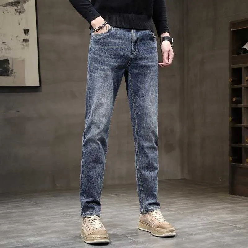 Hong Kong high-end jeans Mens Slim Fit Straight Leg Elastic Casual Long Pants Versatile Trendy Brand Five Piece Pants Light Business