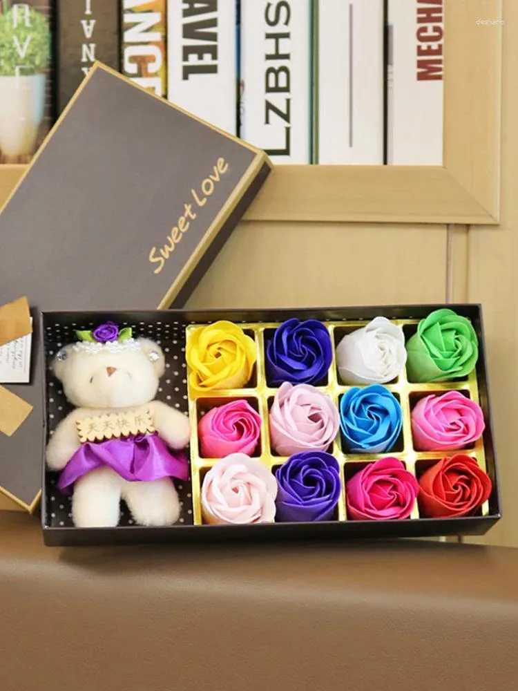 Decorative Flowers 12 Rose Soap In A Bear Gift Box Holiday Gifts Souvenirs Event Small Practical Artificial Low Price