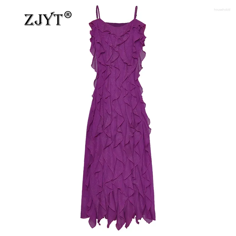 Casual Dresses Zjyt Summer Long Holiday For Women 2024 Runway Designer Spaghetti Strap Dress Ruffles Patchwork Sexy Beach Vestidos