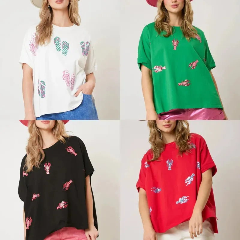 Lobster Slippers Patroon lovertjes T-shirt vrouwen retro korte mouw tops 2024 vrouwelijke mode losse o-neck tee kleding 240410
