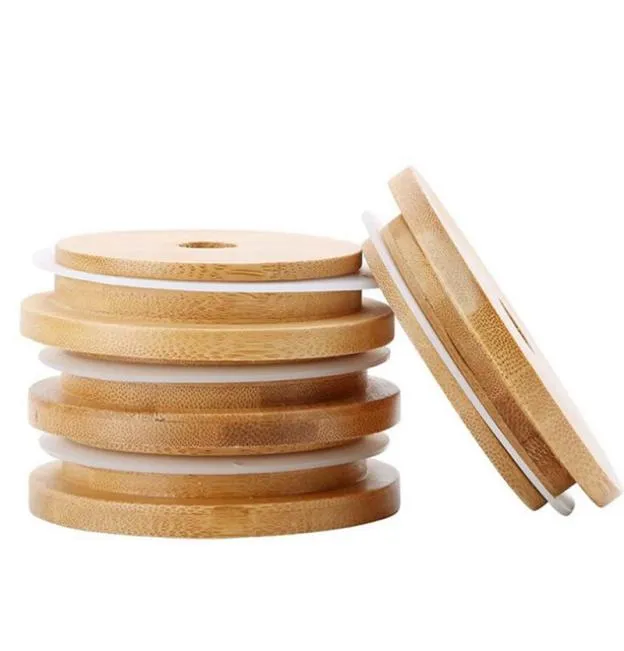 Bamboo Cap Lids 70mm 88mm Reusable Bamboo Mason Jar Lids with Straw Hole and Silicone Seal6847749