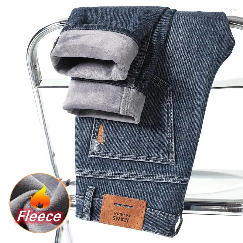 Mäns jeans 2024 Vintermärke Slim Fit rak tjock fleece termisk klassisk tät tyg högkvalitativ denimbyxor