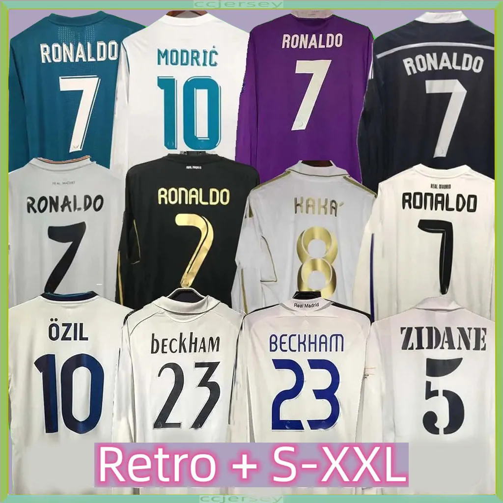 Mangas compridas retro Real Madrids Jersey de futebol de manga longa Camisas de futebol Guti Ramos Seedorf Carlos 10 11 12 13 14 15 16 17 Ronaldo Zidane Raul 01 02 05 06 07 Finals Kaka Kaka