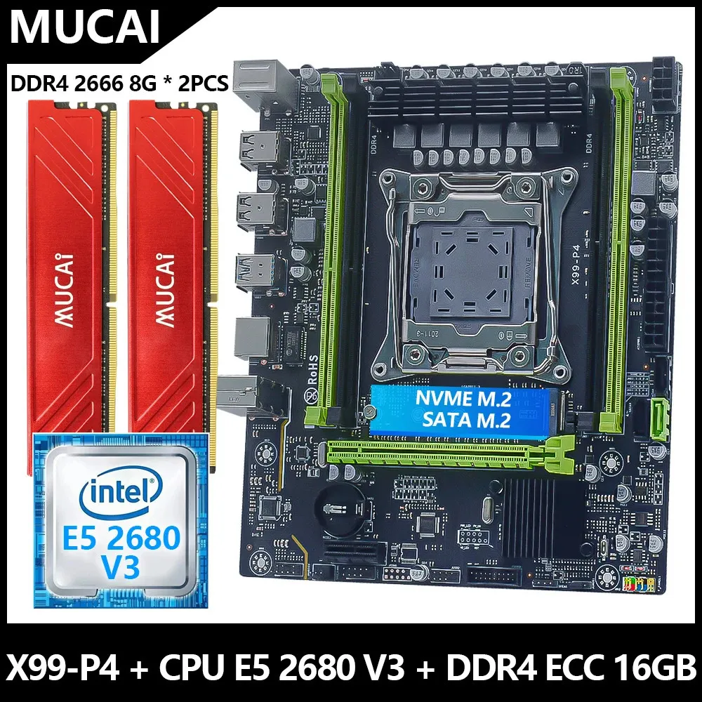 Mucai X99 P4 Motherboard LGA 2011-3 مجموعة مع DDR4 16GB2*8GB 2666MHz ذاكرة RAM و Intel XEON E5 2680 V3 CPU Processor 240410