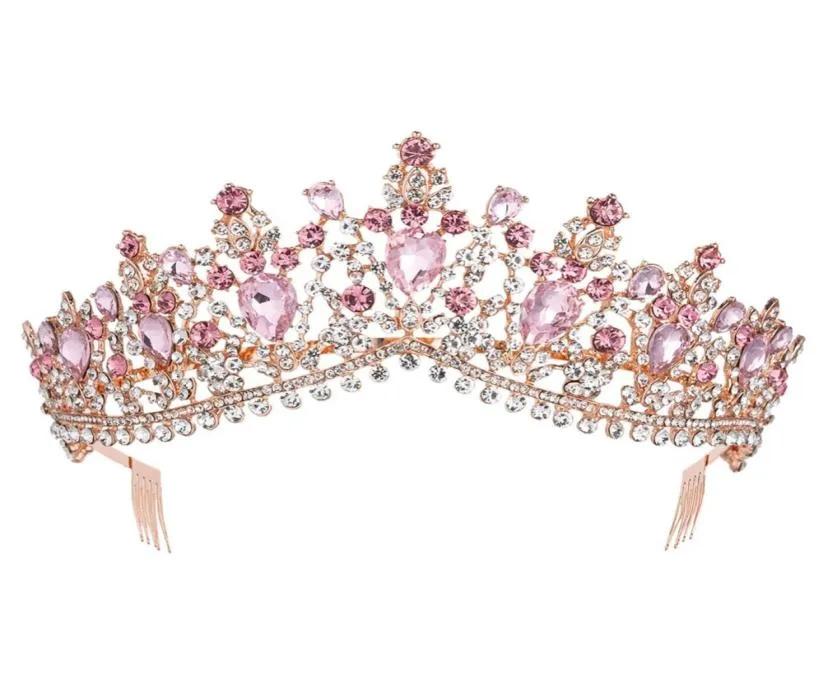 Corona di tiara da sposa cristallina rosa rosa rosa barocca con pagant ballo di prestone velo a fascia per matrici accessori per capelli y3427955