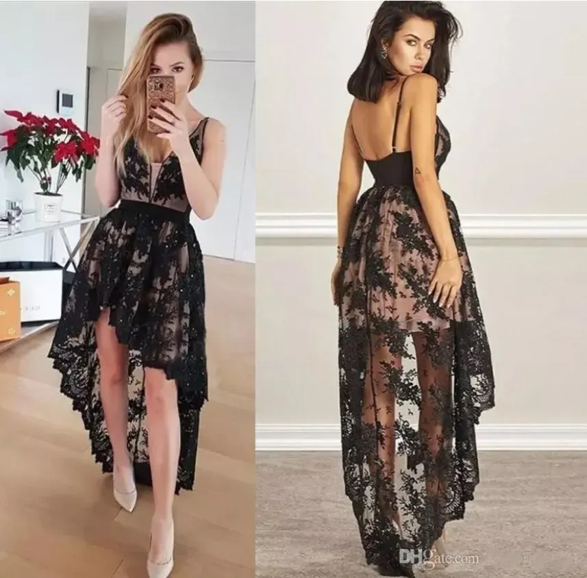 2024 Black Lace Prom -jurken Hi lo vintage formele avondjurken V nek Zip Back Girls Party Jurk 2K17 Afrikaanse zwarte meisjesjurk