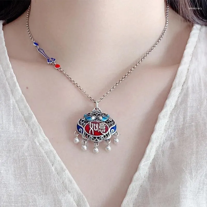 Chains Vintage Red Ruyi Lock Tassel Necklace For Women 925 Silver Enamel Pendant National Style Charm Clavicle Chain Jewelry Gift