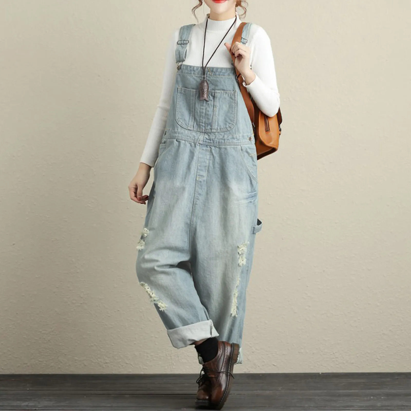 Vintage Streetwear Ripped Jeans Jumpsuit Women Casual Loose Wide Leg Straps Denim Rompers Overalls Female Cargo Baggy Bib Pants