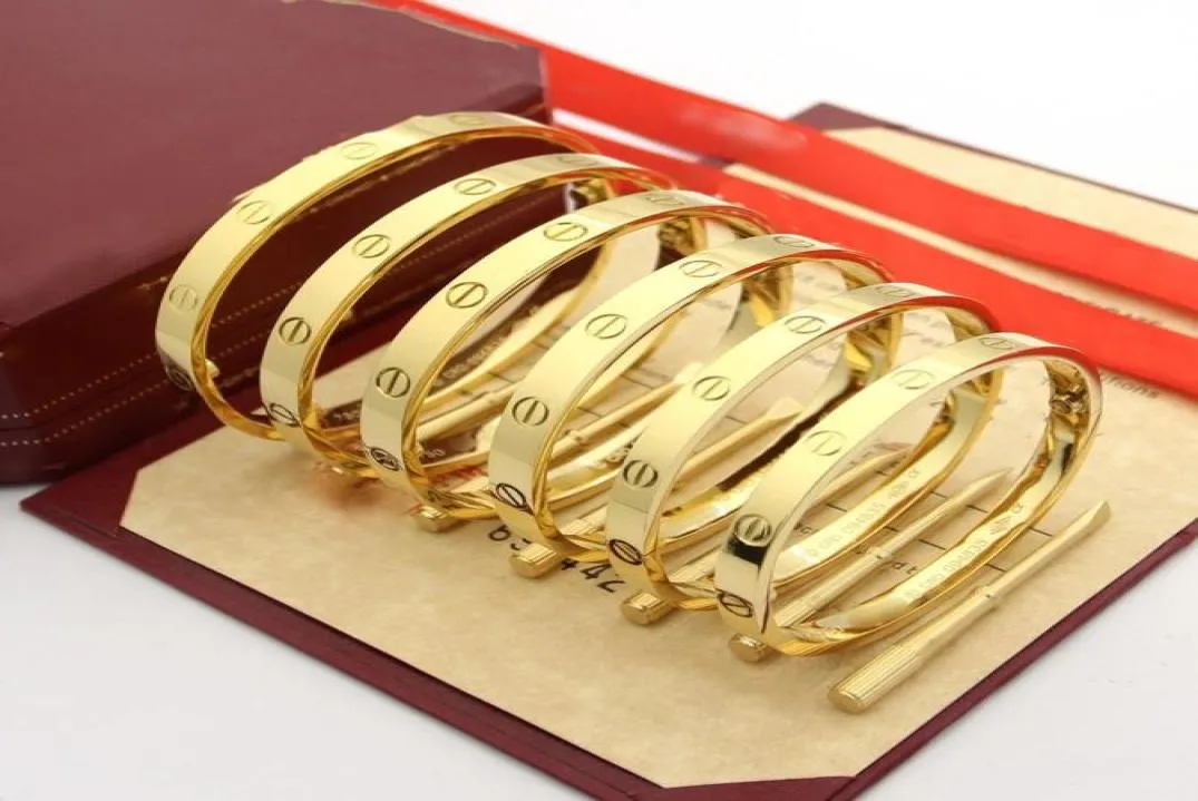 Love Series Gold Bangle AU 750 18 K FADE 1821 Storlek med låda med skruvmejsel Officiell replika Toppkvalitet Luxury Brand Gift9230101
