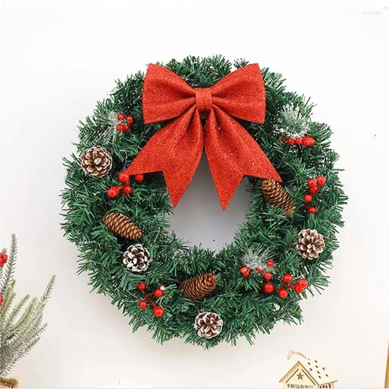 Decorative Flowers Pine Cones Christmas Wreath Frosted Branches Artificial Flocking Xmas Decor Red Berries Door Ornaments