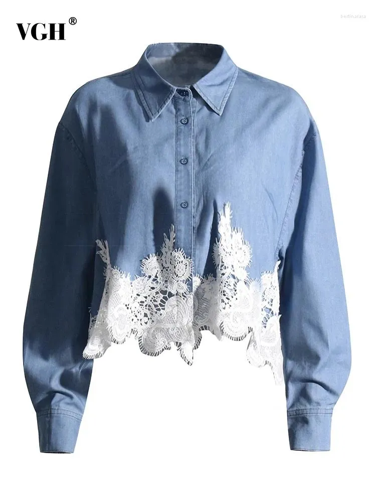 Женские блузки VGH Hit Color Patchwork кружевная джинсовая рубашка для женщин отволовая сплайда с сращиванием от сращивания с длинными рукавами.
