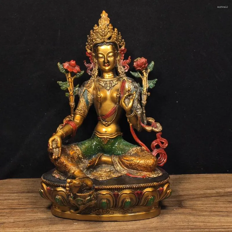 Decorative Figurines 22cm Nepalese Tibetan Brass Gilded Gold Painted Face Green Tara Guanyin Bodhisattva Temple Supplies