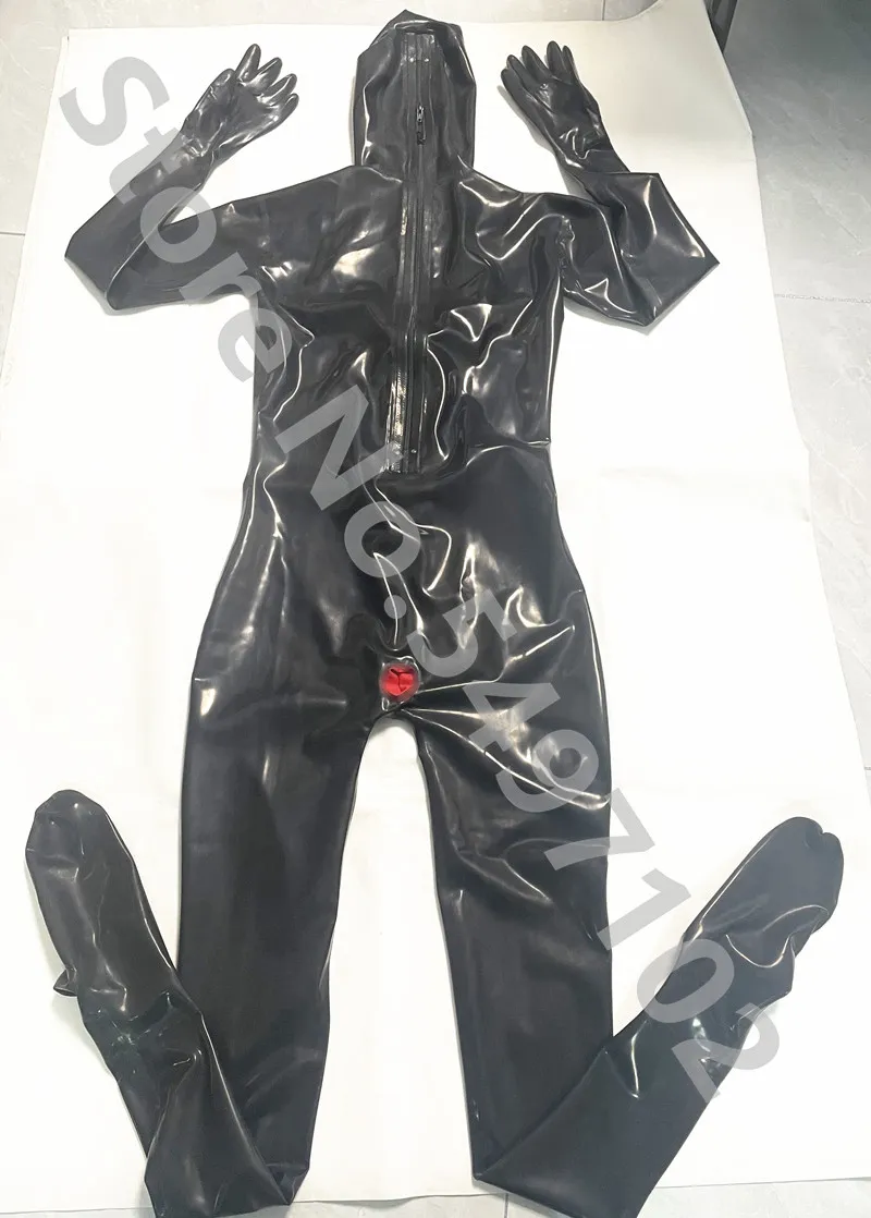 Full Cover Latex Catsuit 3D Breast W month Vaginal And Anal 3 Condoms Back Zip Attached Hood Gloves Socks