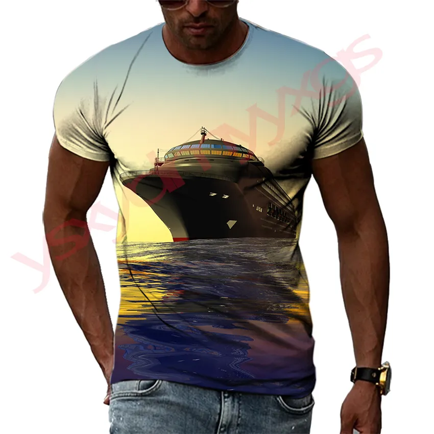 NOVO Lazer Summer Jumbo Cruise Ship Scenary Pattern Men T-shirts 3D Print Hip Hop Tees Personalidade Round pescoço Tops de manga curta