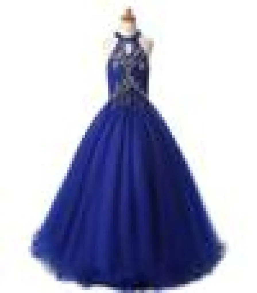 Modern Royal Blue Halter Girls Pageant Dresses 2022 Crystal kralen pailletten tule a line holle back Long Kids formal prom jurk3914583