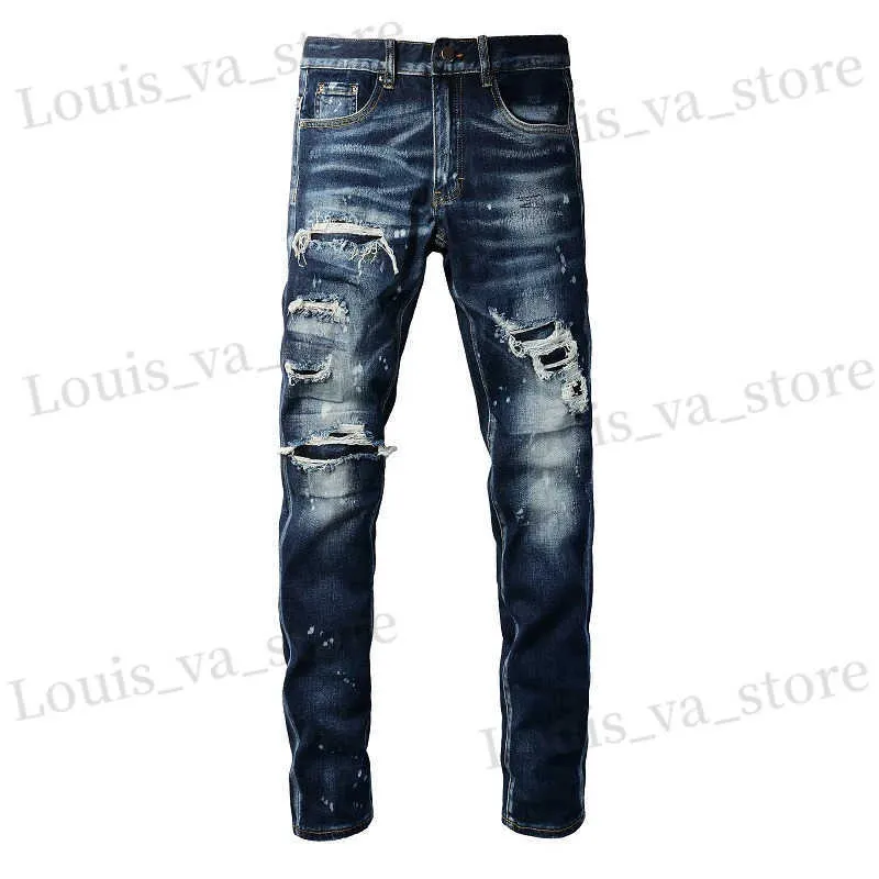 Jeans maschi maschi buchi patchwork jeans jeans strtwear pantaloni blu scuri