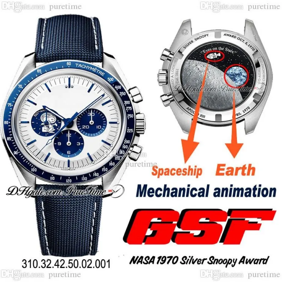 GSF Moonwatch A7750 Automatic Chronograp Mens Watch Silver Snoop Award 50th Anniversary White Dial Blue Nylon Fabric Strap Real Me312P