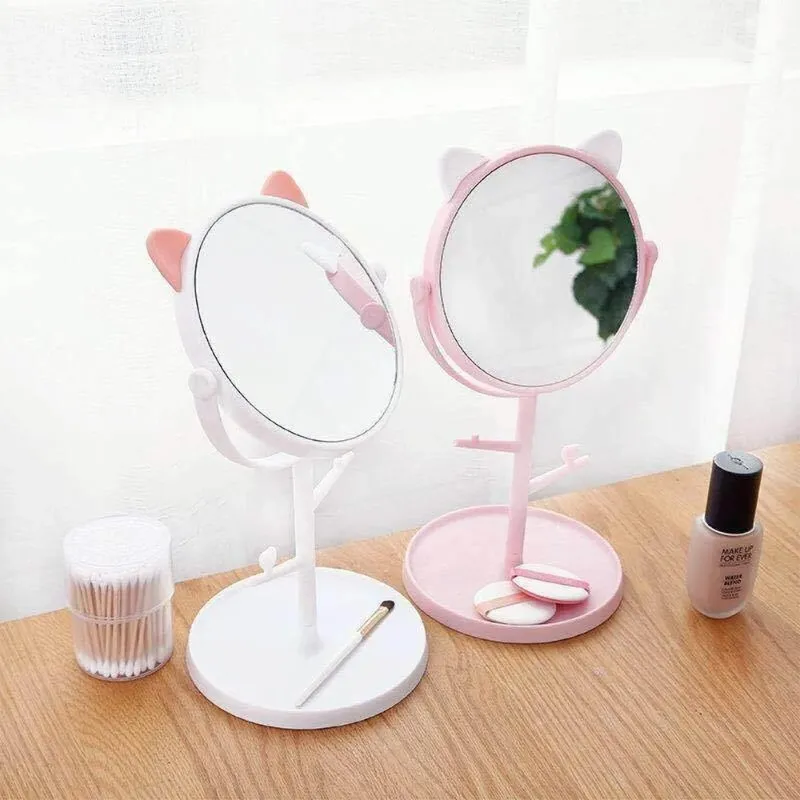 Makeup Mirror Table Top Countertop Base for Bathroom Travel Plain Pink Cat Ears Mirrorfor bathroom travel mirror