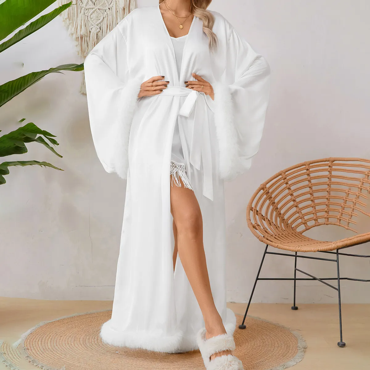 Elegant Female Silk Like Bathrobe Pure Color V Neck Nightgown Feather Wraps Lounge Wear Home Clothes Plus Size