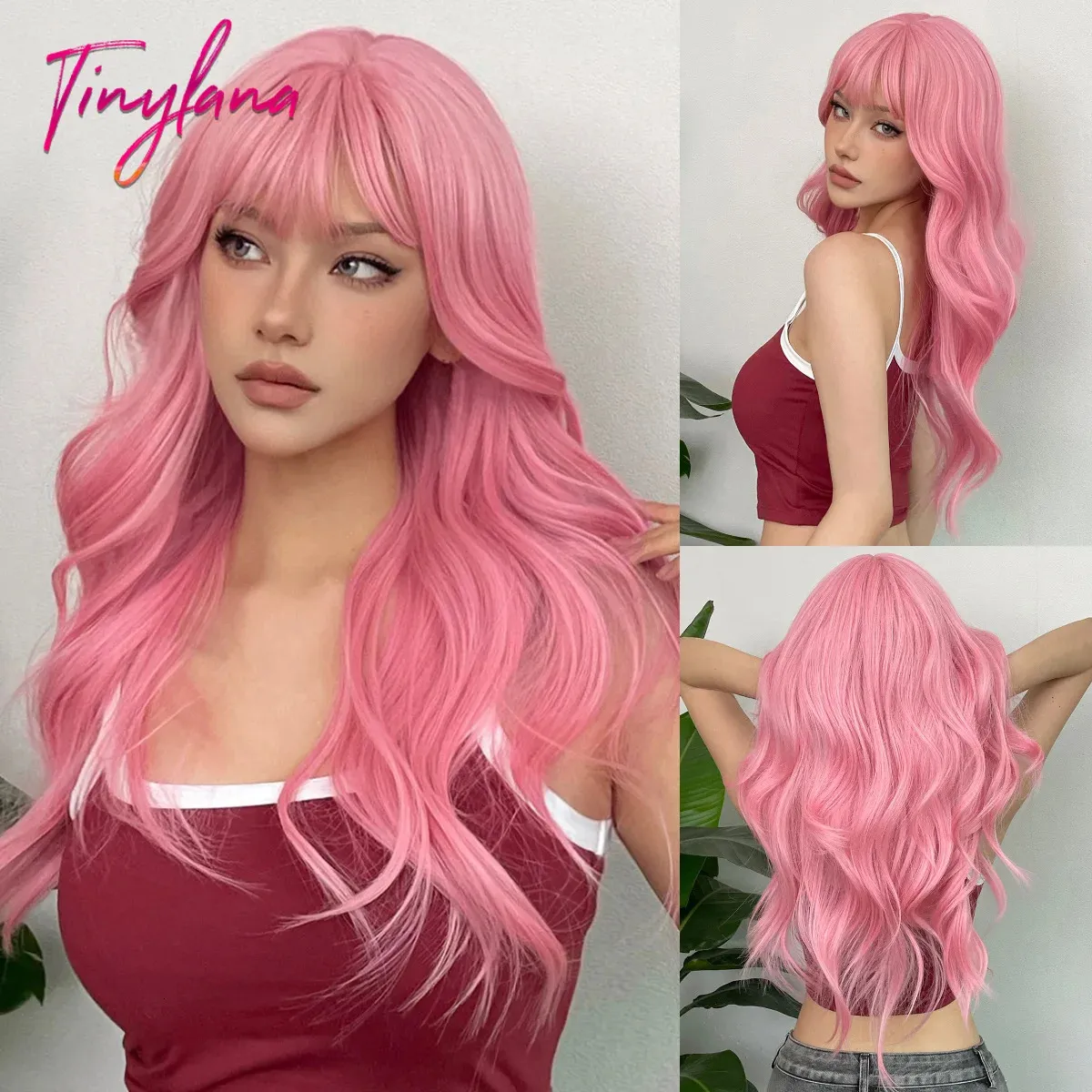 Perucas de cabelo sintéticas de cosplay ondulada longa rosa com franja para mulheres brancas afro lolita onda de água de halloween calor reisitant wig 240402