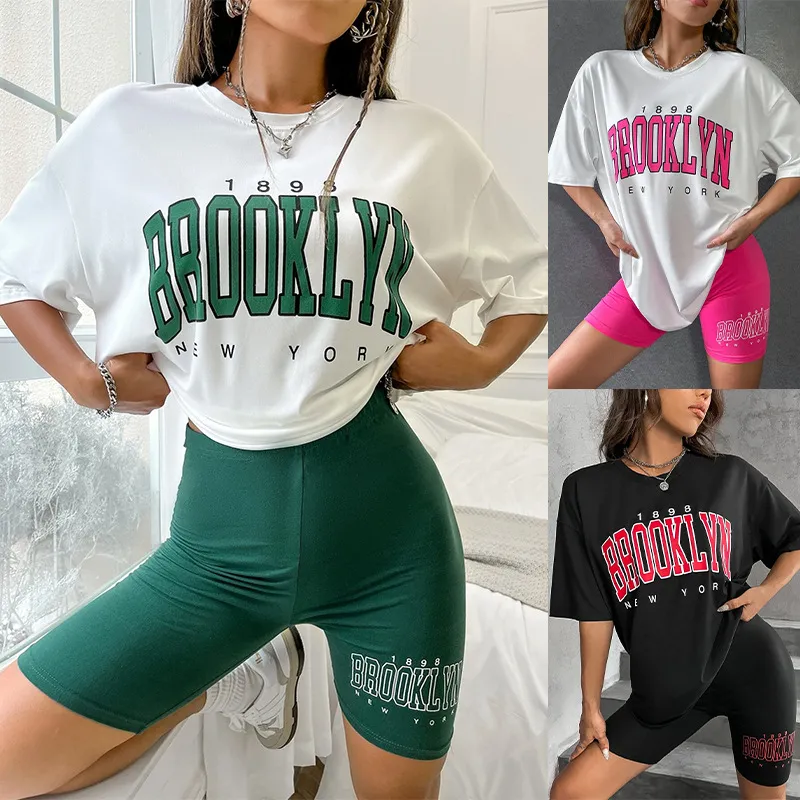Womens Designer Clothing 1898 Brooklyn York Tracksuit Women 2 Piece Set Women Designer Shorts Women Designer Casual Suit Shorts and T Shirt Set Black Green Pink White