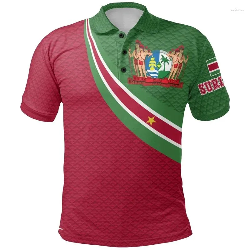 Herrpolos surinam flaggkarta 3D -tryck Polo -skjortor för män Casual Surinam Sport Jersey National Emblem Shirt Skjorta med vapen Kort ärm