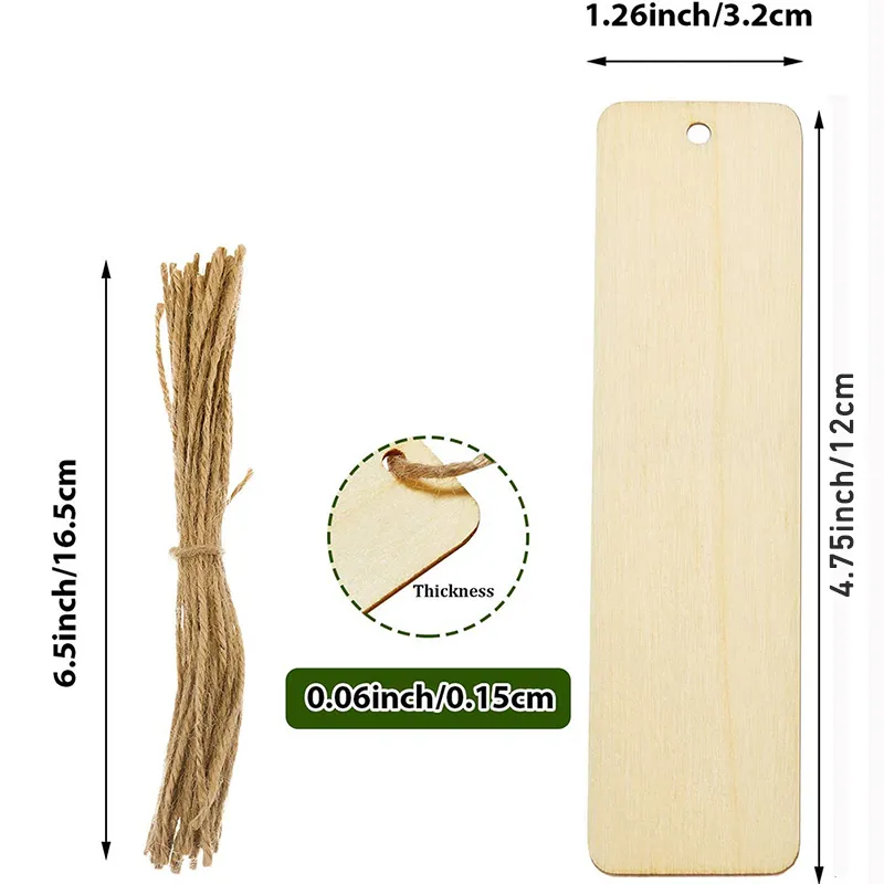 10pcs Wood Bookmark Bulk Blank Bookmarks with Ropes Wooden Book Markers Rectangle Thin Hanging Tag with Holes for DIY Graffiti