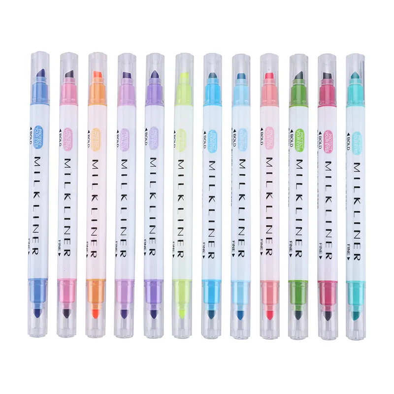 2pcs/Set Milkliner Highlighter Stift Stationerie Doppelköpfige Fluoreszenzmarker Pen 12 Farben Mark Pen niedlicher Highlighter