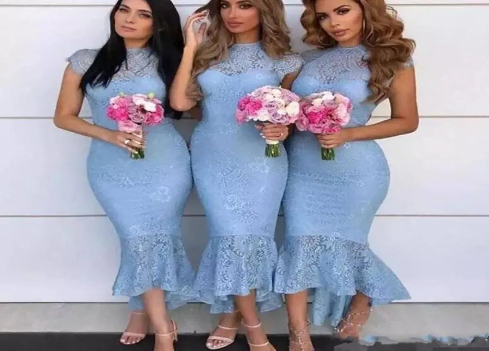 Ice Blue Tea Length 2020 Bridesmaid Dresses Vintage Lace High Low Capped Sleeve Maid of Honor Gowns Formal Wedding Guest Dresses1720330