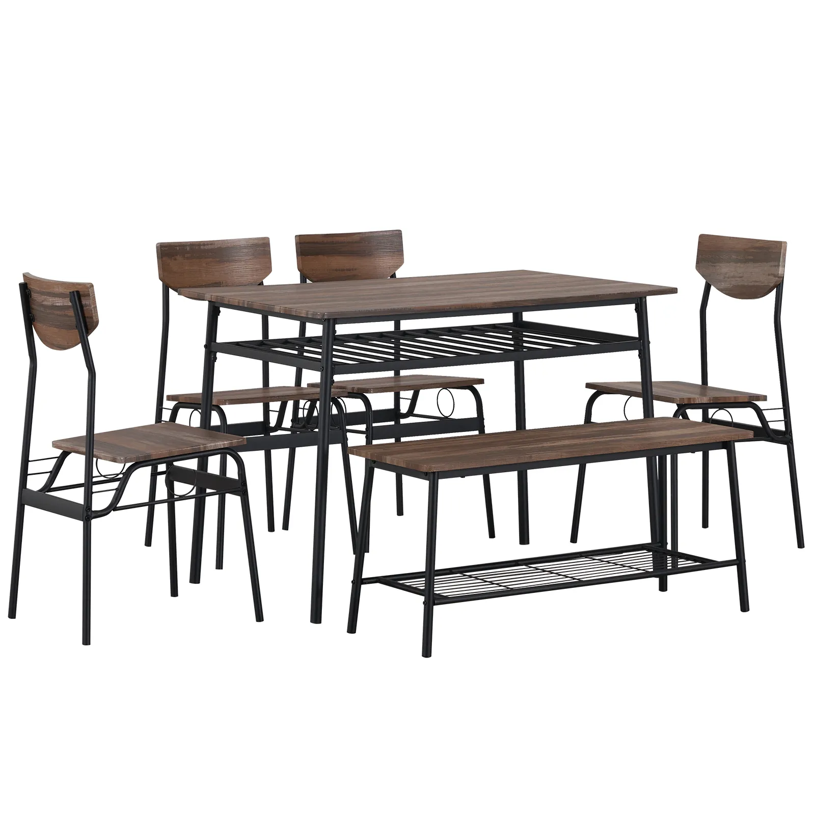 Современная столовая из 6 предметов для дома, кухни, столовой с стойками для хранения, прямоугольным столом, скамейкой, 4 стулья, стальной рамкой