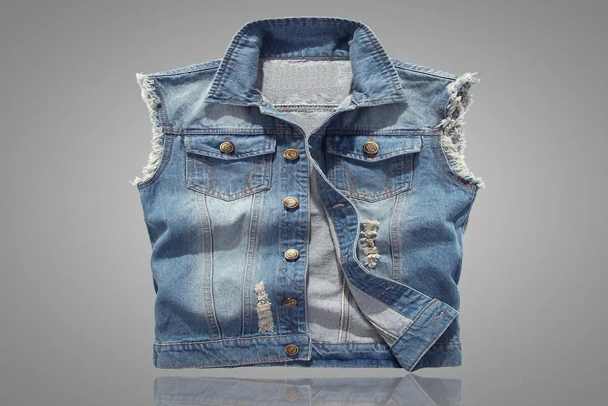 Slim Fit Cowboy Male Jacket Vest Ripped Denim Vest Men039S JACKELESS Casual Waistcoat Mens Jean Coat 5xl7315404