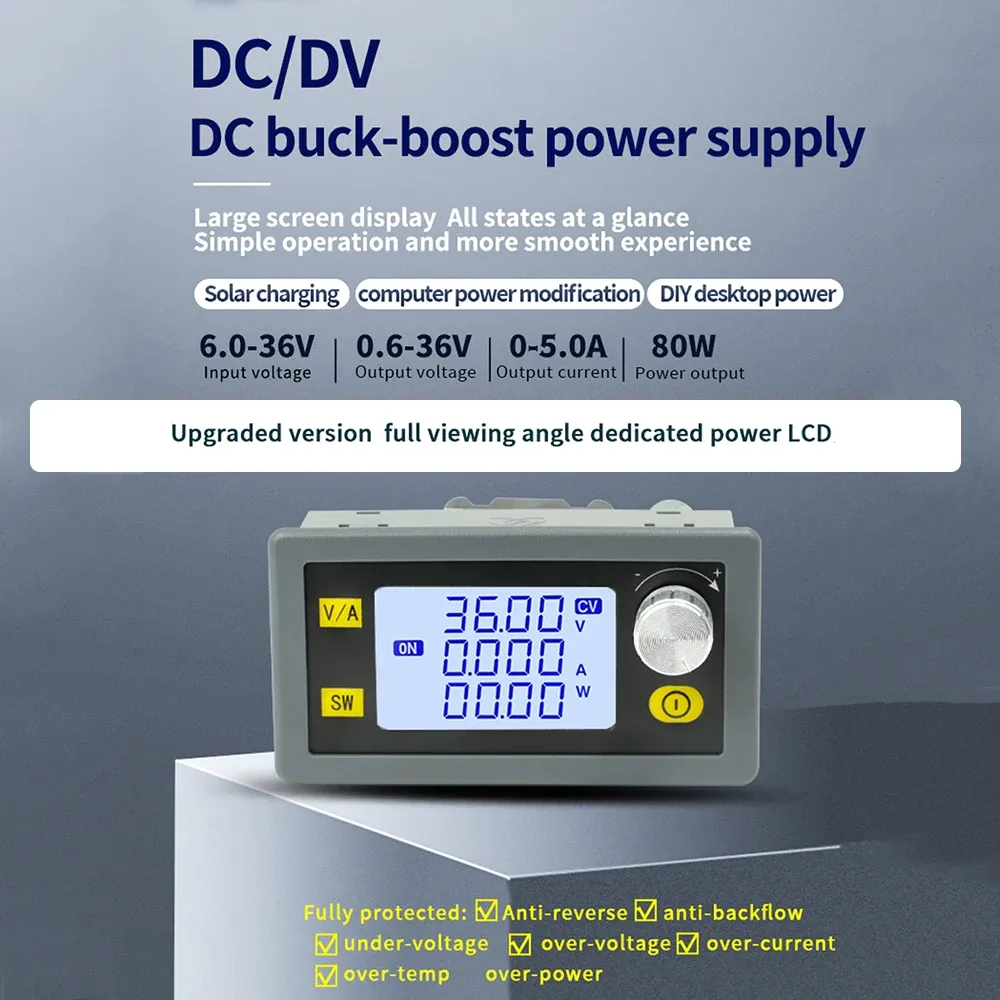 Convertitore buck boost DC DC 80W/35W CC CV 6-36V 5A / 5-30V Modulo di energia solare Alimentatore da laboratorio regolato regolabile