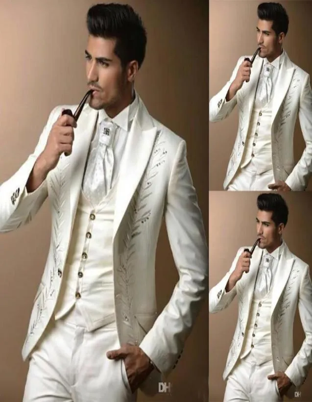 Nowy haft haidery Tuxedos White Mens Peak Peak Lapel Pants Suits Kurtka Blazer Fashion 3 sztuki 9539741