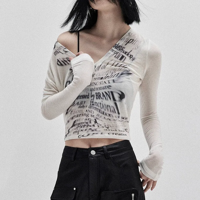 Karrcat Cyber Grunge Crop Top V-Neck Full Sleeve Distressed Letter