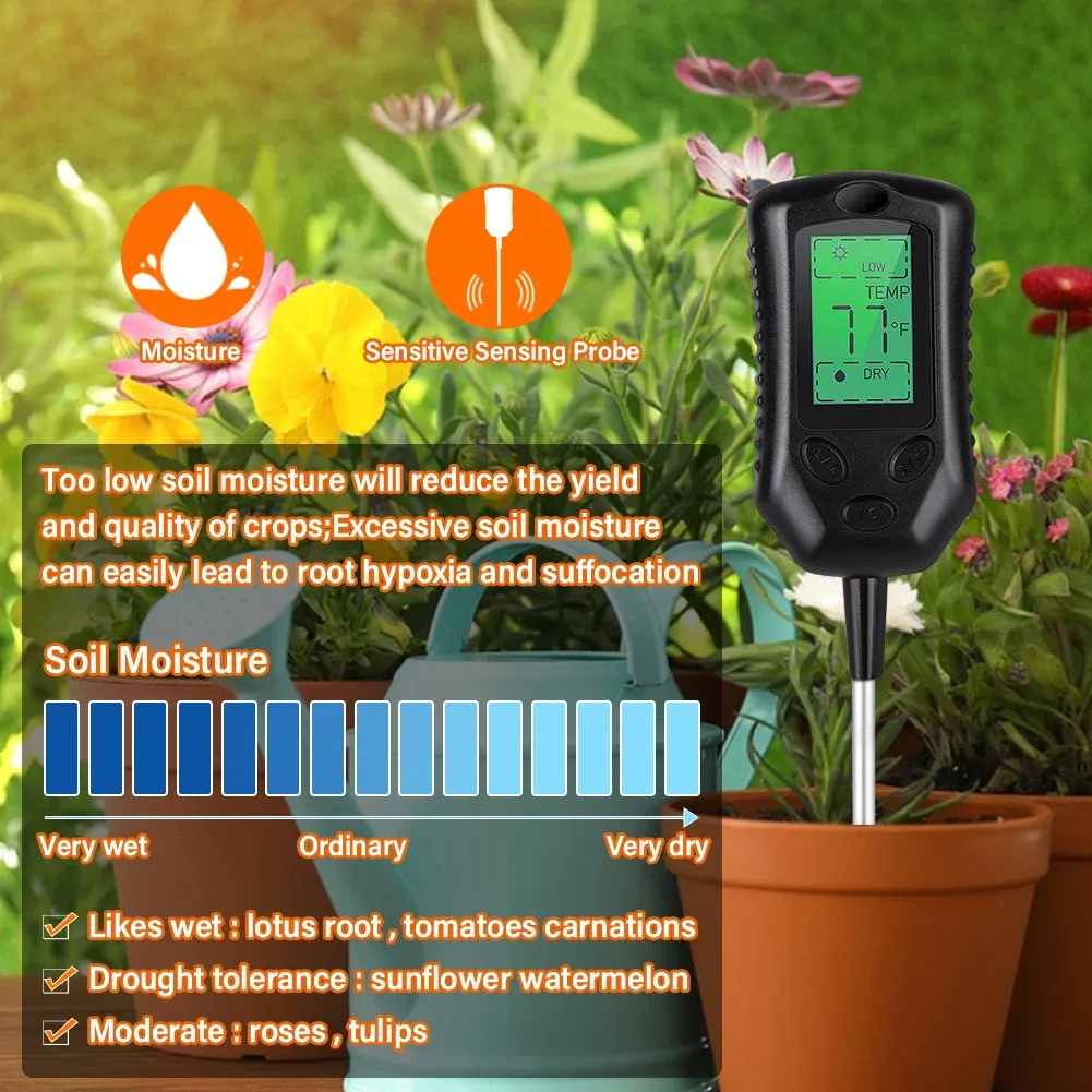 Yieryi Nieuw 4 in 1 bodem pH -meter Vocht Monitor Zonlichttester Thermometer Tuinplanten PLANTEN BOOM SENSOR MET BLAMLIGHT