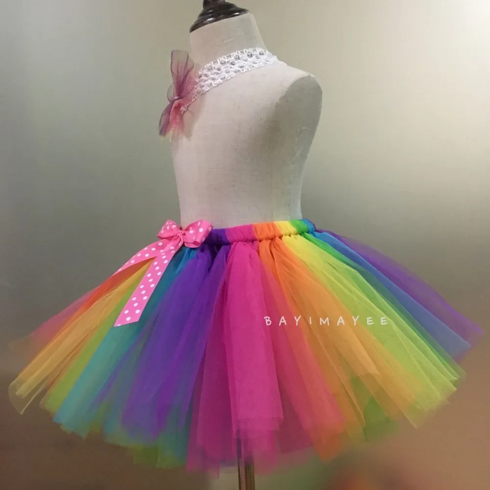 Girls Rainbow Tutu Skirt Infant Toddler Ballet Dance Underskirts with Hairbow Kids Birthday Christmas Party Costume Skirts