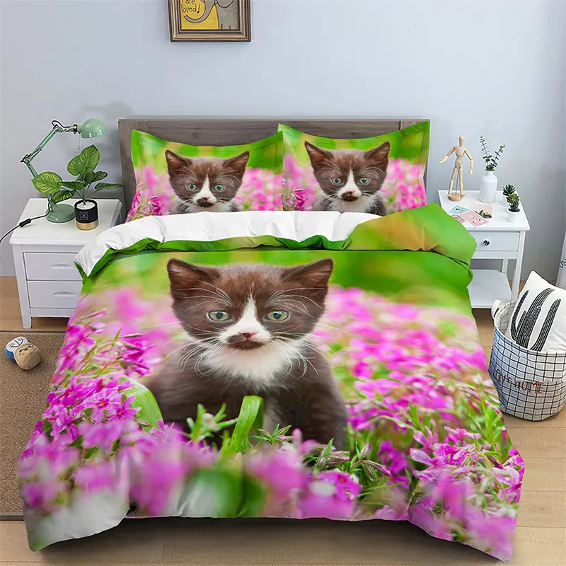 3D Cat Print Duvet Cover Floral Bedding Set Twin Full For Kids Girls Boys Room Decor Luxury Microfiber Funny Animal Quilt Cover