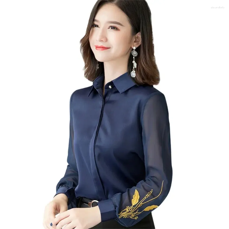 Blouses pour femmes Fashion Satin brodées à manches longues minces minces formelles de bureau