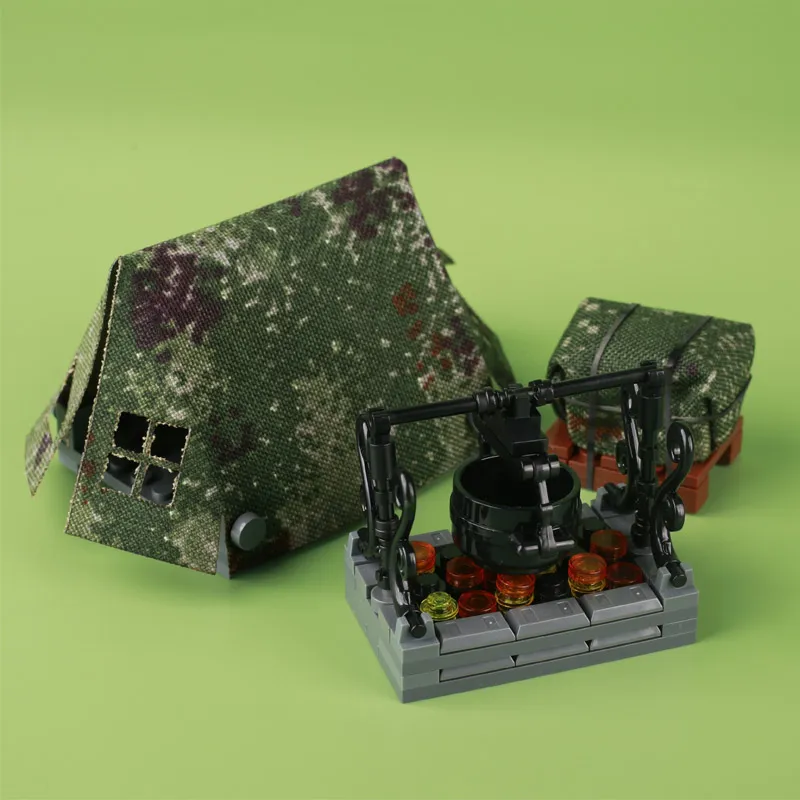 MOC Military Bonfire Building Blocks WW2 Army Soldiers Figurer Tent Airdrop Box Candle Campfire Weapons Food Chicken Bricks Toys