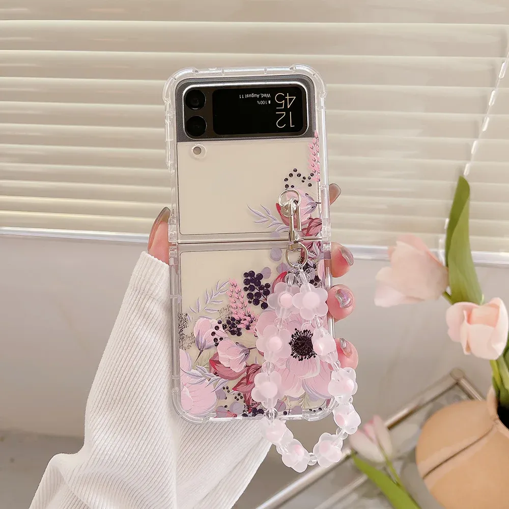 Butterfly Armband Flower Transparenta fällbara fodral för Samsung Galaxy Z Flip 5 4 Case Z Flip 3 Soft Silicone stötsäkert täckning